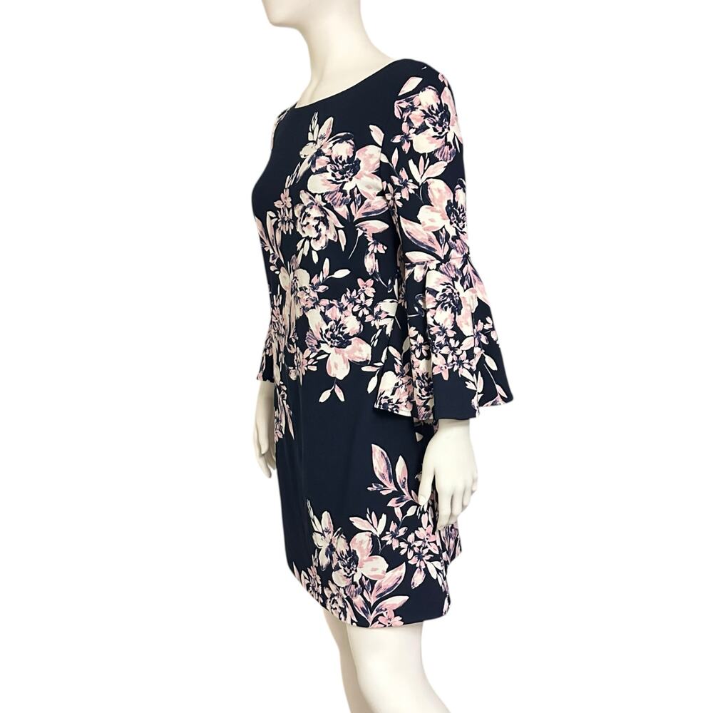 Eliza J Navy Blue Pink Floral Bell Sleeve Shift Dress Women 10 Elegant Wedding - Picture 2 of 16